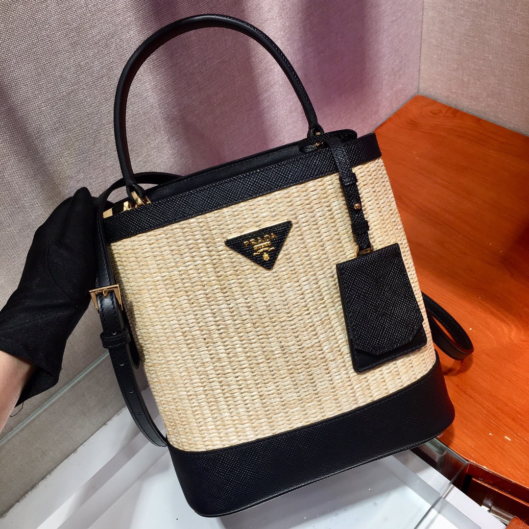 Prada Medium Panier Saffiano Leather And Weaving Materials Bag Tan/Black 1BA212